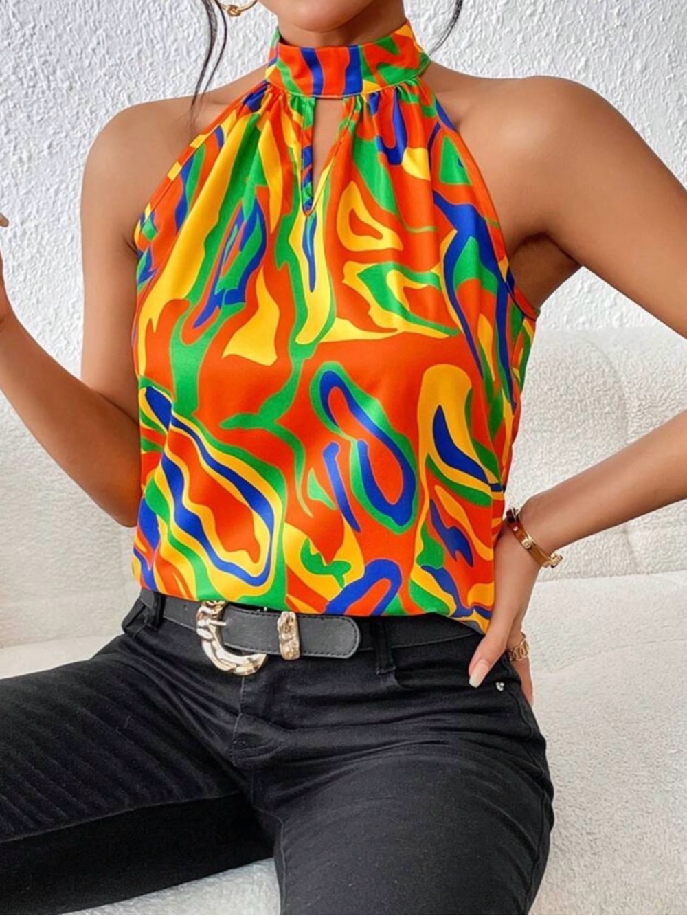 SHEIN Multicolor Swirl Halter Tank Top — Orange, Green, Blue, Yellow